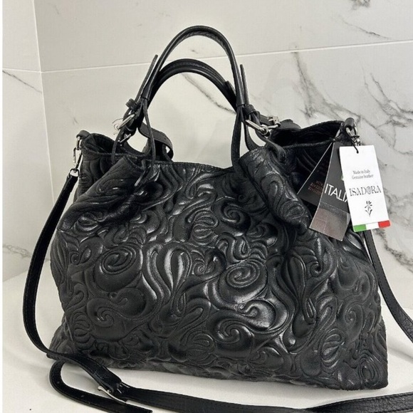 Isadora Handbags - ISADORA ITALY Black Tooled GENUINE
Leather Large Bag Tote Purse NEW
AUTHENTIC